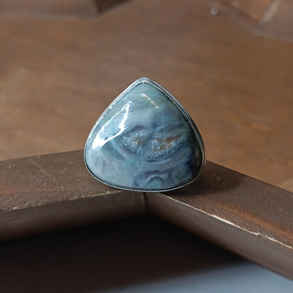 Hand Crafted Silver Plated Blue Silver Genuine Stick Agate Gem Stone Ring Size 7